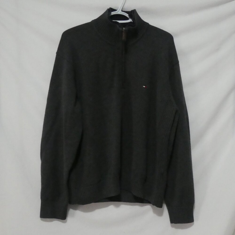TOMMY HILFIGER | xxl | Long Sleeve Quarter Zip-Up Knit Sweater | Dark Grey